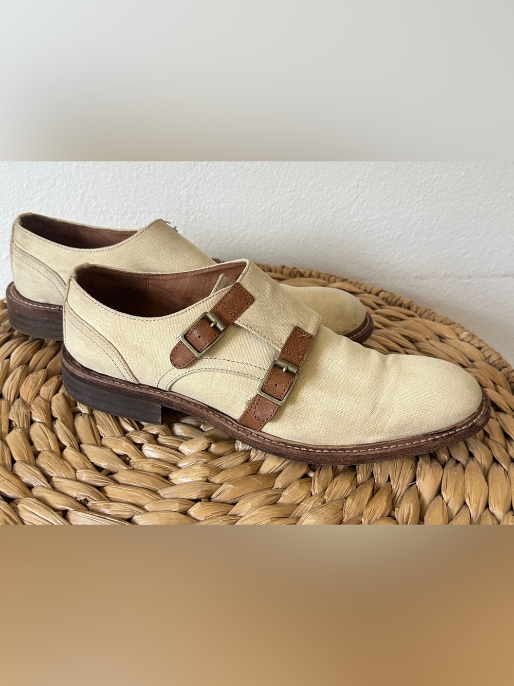 Donald J Pliner ZANDE-WA Mens Beige Canvas Double Monk Strap Shoes Size 8.5